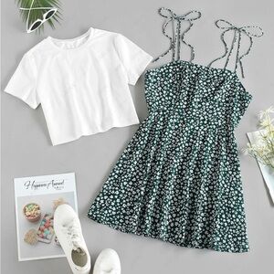 Green Floral Tie-Strap Sundress with white cropped t-shirt
